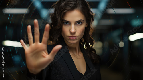 a businesswoman in black suit saying no, hand gesture, ai generated.