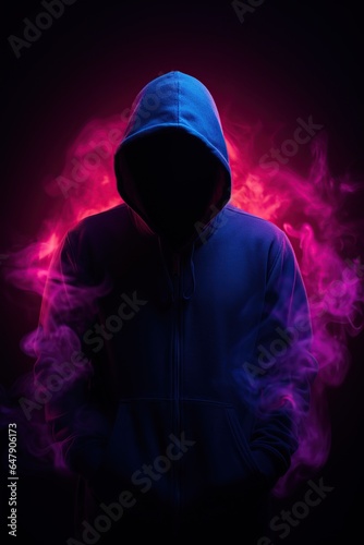 Shadow Man incognito, standing in a hood, no face visible, smoke around, purple blue red gradients, dark background, Generative Ai