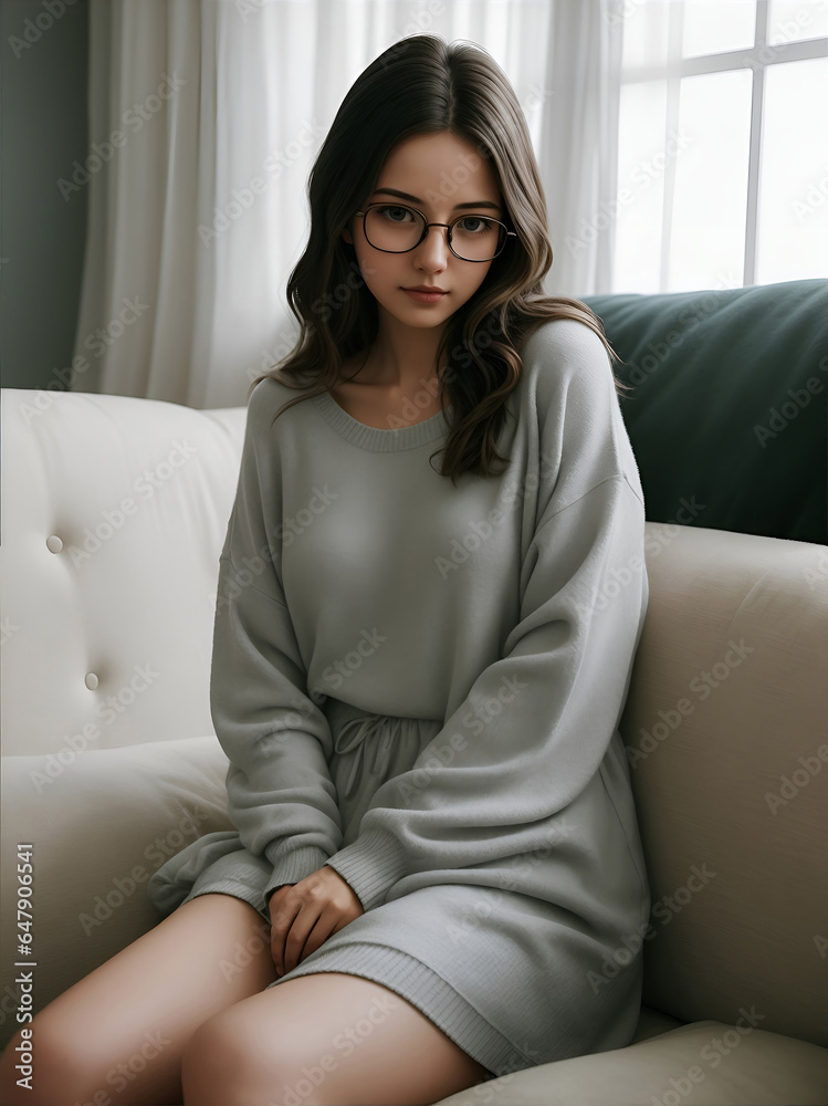 Beautiful women, She wears comfortable clothes and her glasses. On the sofa. ai generative Beautiful women, She wears comfortable clothes and her glasses. On the sofa. ai generative