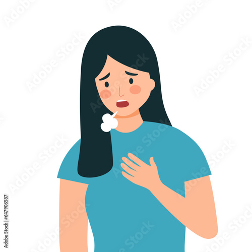 Woman pressing against her chest with a shortness of breath symptom in flat design on white background. Difficulty breathing.