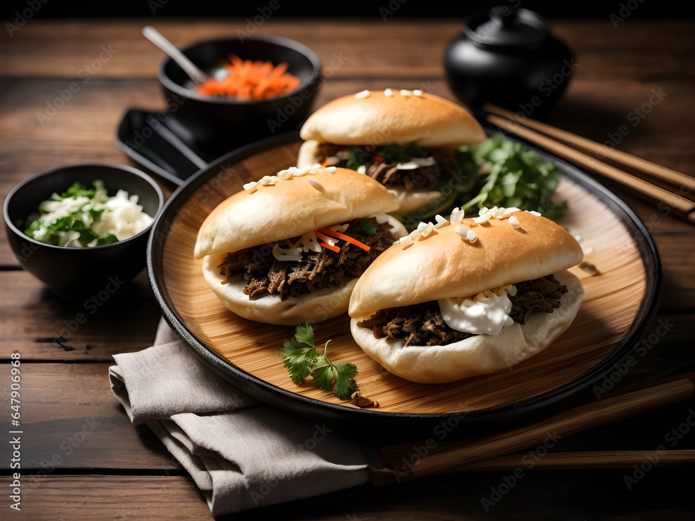 Pulled Beef Bao Buns in black plate, bamboo stream on black background. Pulled Beef Bao Buns in black plate, bamboo stream on black background.
