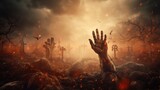 scary raising zombie's hand from graveyard. Halloween celebration background. 