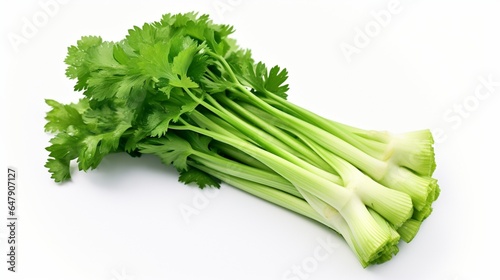 Craft a visually appealing representation of a bunch of celery stalks on a white isolated backdrop.