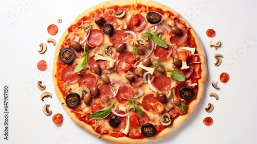 Craft a visually stunning pizza with a focus on its toppings, set against a clean white surface background.