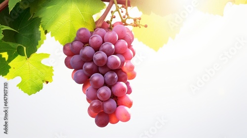 Craft an HD image of a cluster of luscious grapes, the sunlight highlighting their natural beauty on a white background.