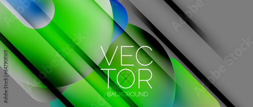 Dynamic bright colorful geometric elements with fluid gradients, lights, shadows blend in a minimal backdrop, creating captivating composition