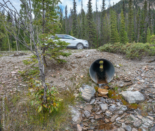 Fotografija A car drives over a roadway culvert in Yoho National Park, British Columbia, Can