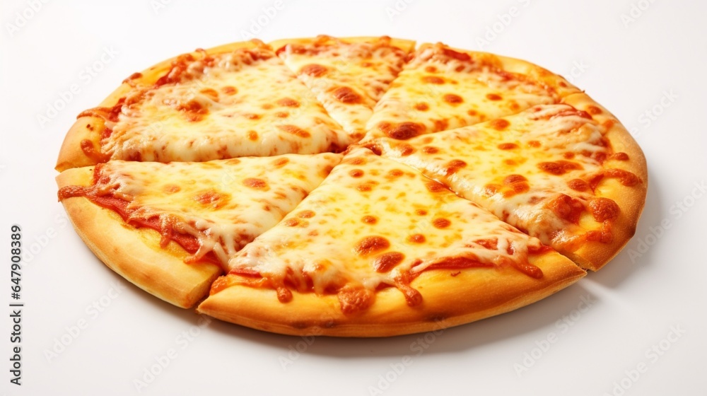 Create a mouthwatering pizza with perfectly melted cheese and golden crust on an isolated solid white background.
