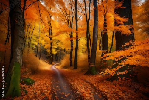 Colorful trees and footpath road in autumn landscape in deep forest. The autumn colors in the forest create a magnificent view. autumn view in nature