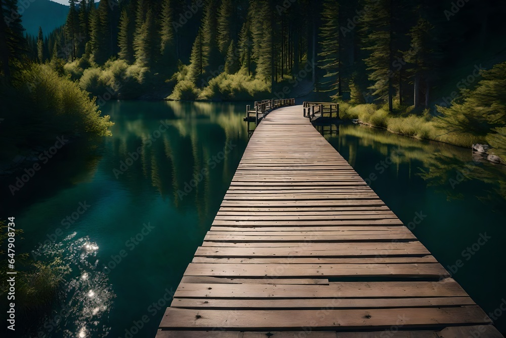Wooden walkway along clear mountain lake and evergreen trees