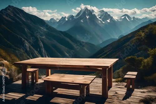 Wooden table top with the mountain landscape © Stone Shoaib