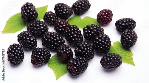 Create an image that highlights the unique patterns of a cluster of blackberries on an isolated white background.