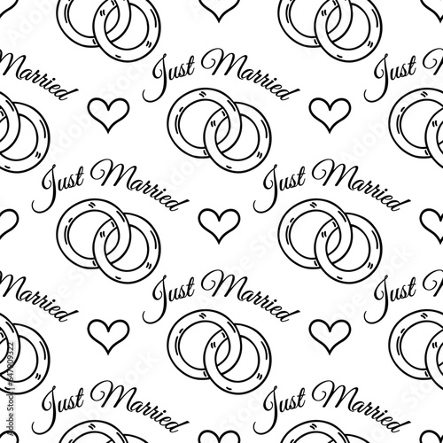 Pair of wedding rings with hearts seamless vector pattern. Symbol of just married, bride and groom, date, engagement. Jewelry for husband and wife. Black and white background for invitations, print