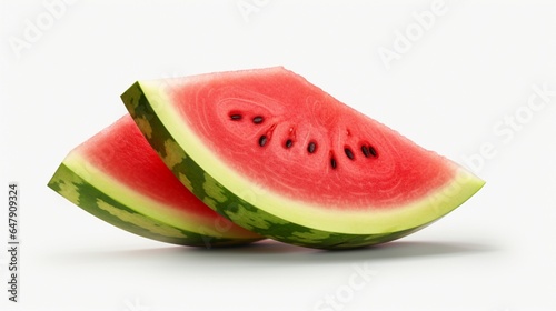 Generate a realistic image of a juicy watermelon slice glistening with freshness against a pure white background. photo