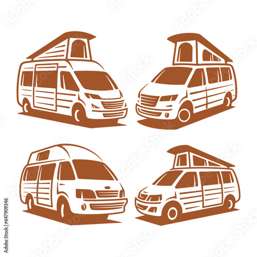 Set of RV recreational vehicle silhouette. Camper van motorhome vector collection