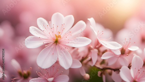 Selective focus of beautiful branches of pink Cherry blossoms on the tree under blue sky photo