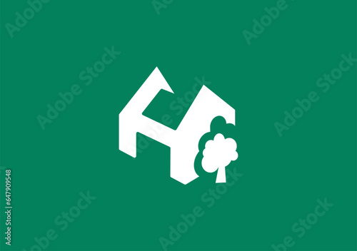 green house and tree, Initial H for HOME incorporates a tree, evoking a green house, harmonizing sustainability, growth, and the essence of eco-friendly living