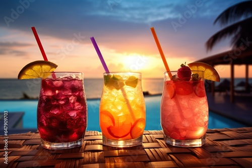 Summer cocktails on luxury tropical beach resort at sunset. Exotic summer drinks cocktails. Youth and summer vacation concept. Party, Vacations, summer holidays, summertime,Generative Ai