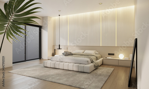 modern white bedroom interior design, earth tones minimal room ideas. 3d rendering
