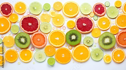 Produce a visually stunning representation of a medley of fresh, colorful fruit slices, their variety and freshness displayed artfully against a clean white canvas background.
