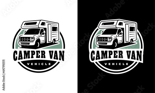 RV recreational vehicle badge design. Camper van motorhome vector emblem