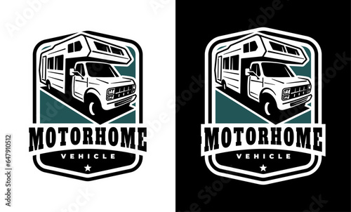 RV recreational vehicle badge design. Camper van motorhome vector emblem