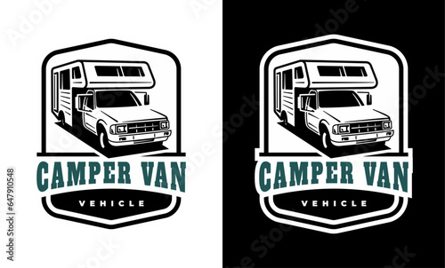 RV recreational vehicle badge design. Camper van motorhome vector emblem