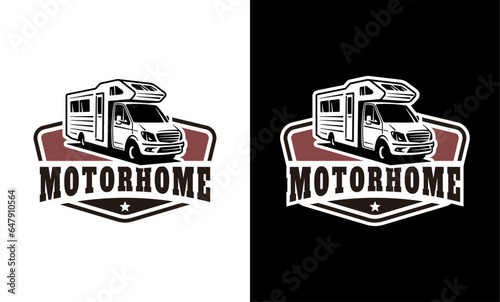RV recreational vehicle badge design. Camper van motorhome vector emblem