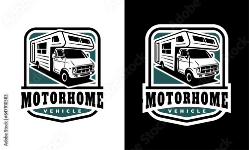 RV recreational vehicle badge design. Camper van motorhome vector emblem