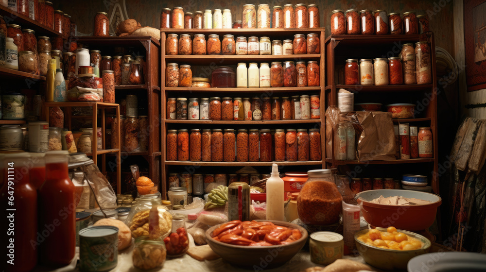 Shelves of canning jars - obrazy, fototapety, plakaty 