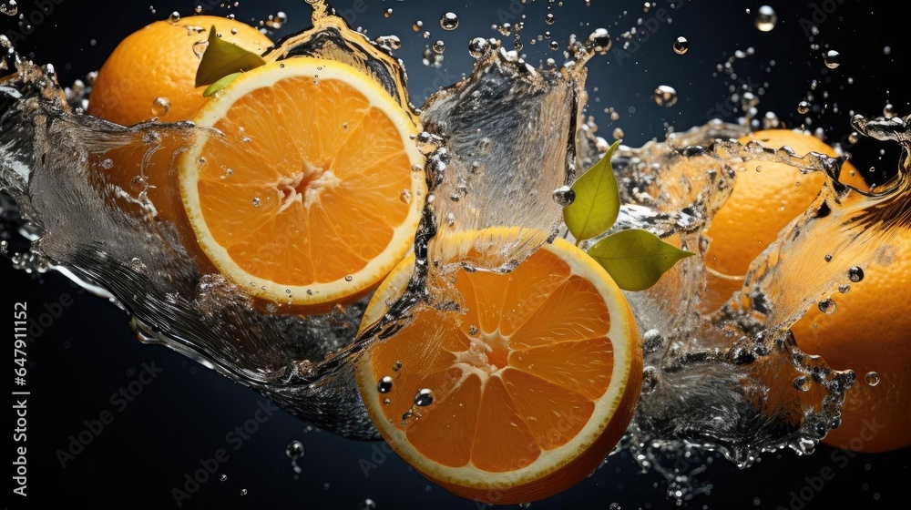 flying fresh orange splashed with water on black background and blur