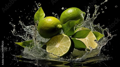 Fotografia Fresh green limes splashed with water on black and blurred background