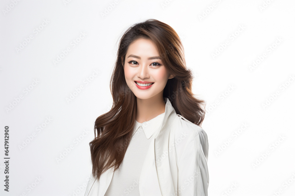 Against a bright white background, a poised and intelligent young Asian woman, elegantly attired in a light gray suit coupled with a pristine white shirt, delivers a presentation. Generative AI. Against a bright white background, a poised and intelligent young Asian woman, elegantly attired in a light gray suit coupled with a pristine white shirt, delivers a presentation. Generative AI.
