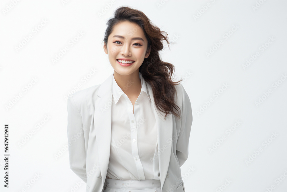 Against a bright white background, a poised and intelligent young Asian woman, elegantly attired in a light gray suit coupled with a pristine white shirt, delivers a presentation. Generative AI. Against a bright white background, a poised and intelligent young Asian woman, elegantly attired in a light gray suit coupled with a pristine white shirt, delivers a presentation. Generative AI.
