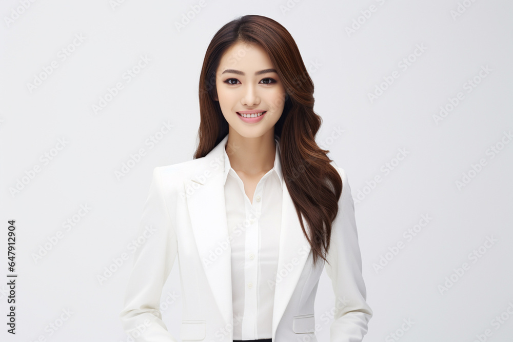 Against a bright white background, a poised and intelligent young Asian woman, elegantly attired in a light gray suit coupled with a pristine white shirt, delivers a presentation. Generative AI. Against a bright white background, a poised and intelligent young Asian woman, elegantly attired in a light gray suit coupled with a pristine white shirt, delivers a presentation. Generative AI.