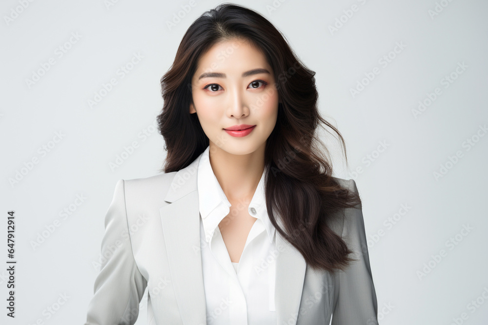 Against a bright white background, a poised and intelligent young Asian woman, elegantly attired in a light gray suit coupled with a pristine white shirt, delivers a presentation. Generative AI. Against a bright white background, a poised and intelligent young Asian woman, elegantly attired in a light gray suit coupled with a pristine white shirt, delivers a presentation. Generative AI.