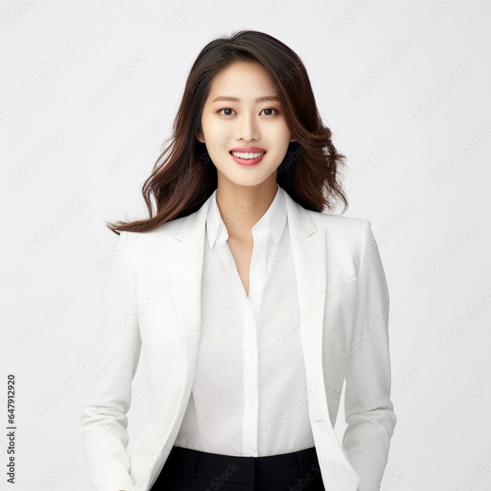 Against a bright white background, a poised and intelligent young Asian woman, elegantly attired in a light gray suit coupled with a pristine white shirt, delivers a presentation. Generative AI. Against a bright white background, a poised and intelligent young Asian woman, elegantly attired in a light gray suit coupled with a pristine white shirt, delivers a presentation. Generative AI.