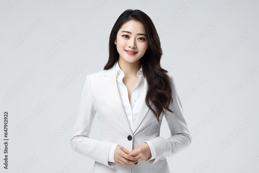 Against a bright white background, a poised and intelligent young Asian woman, elegantly attired in a light gray suit coupled with a pristine white shirt, delivers a presentation. Generative AI. Against a bright white background, a poised and intelligent young Asian woman, elegantly attired in a light gray suit coupled with a pristine white shirt, delivers a presentation. Generative AI.