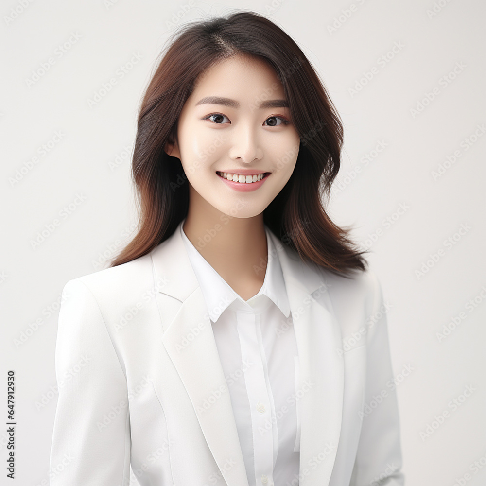 Against a bright white background, a poised and intelligent young Asian woman, elegantly attired in a light gray suit coupled with a pristine white shirt, delivers a presentation. Generative AI. Against a bright white background, a poised and intelligent young Asian woman, elegantly attired in a light gray suit coupled with a pristine white shirt, delivers a presentation. Generative AI.