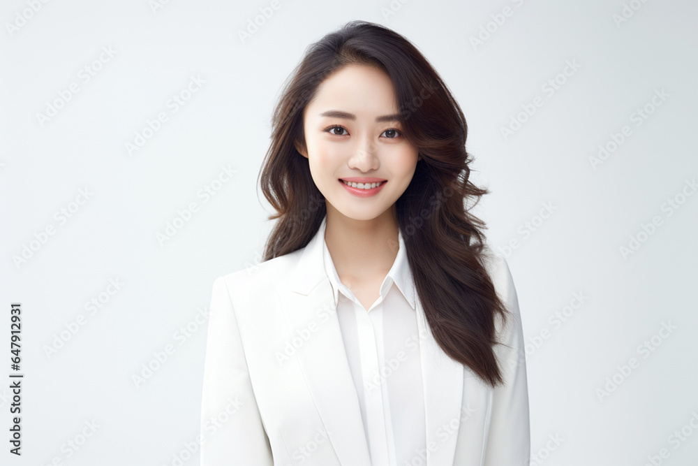 Against a bright white background, a poised and intelligent young Asian woman, elegantly attired in a light gray suit coupled with a pristine white shirt, delivers a presentation. Generative AI. Against a bright white background, a poised and intelligent young Asian woman, elegantly attired in a light gray suit coupled with a pristine white shirt, delivers a presentation. Generative AI.