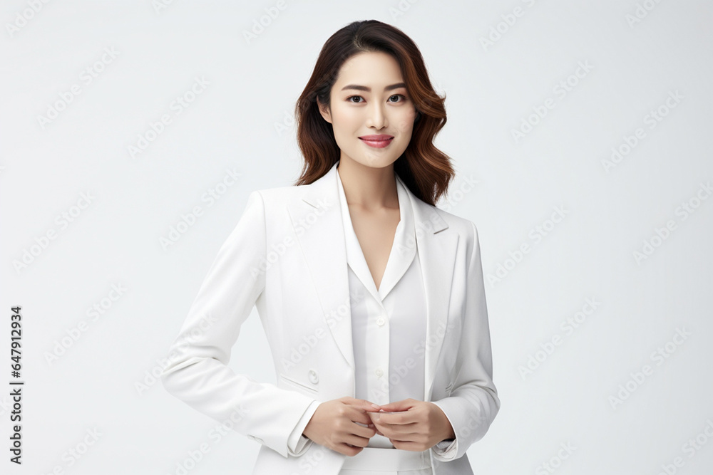 Against a bright white background, a poised and intelligent young Asian woman, elegantly attired in a light gray suit coupled with a pristine white shirt, delivers a presentation. Generative AI. Against a bright white background, a poised and intelligent young Asian woman, elegantly attired in a light gray suit coupled with a pristine white shirt, delivers a presentation. Generative AI.