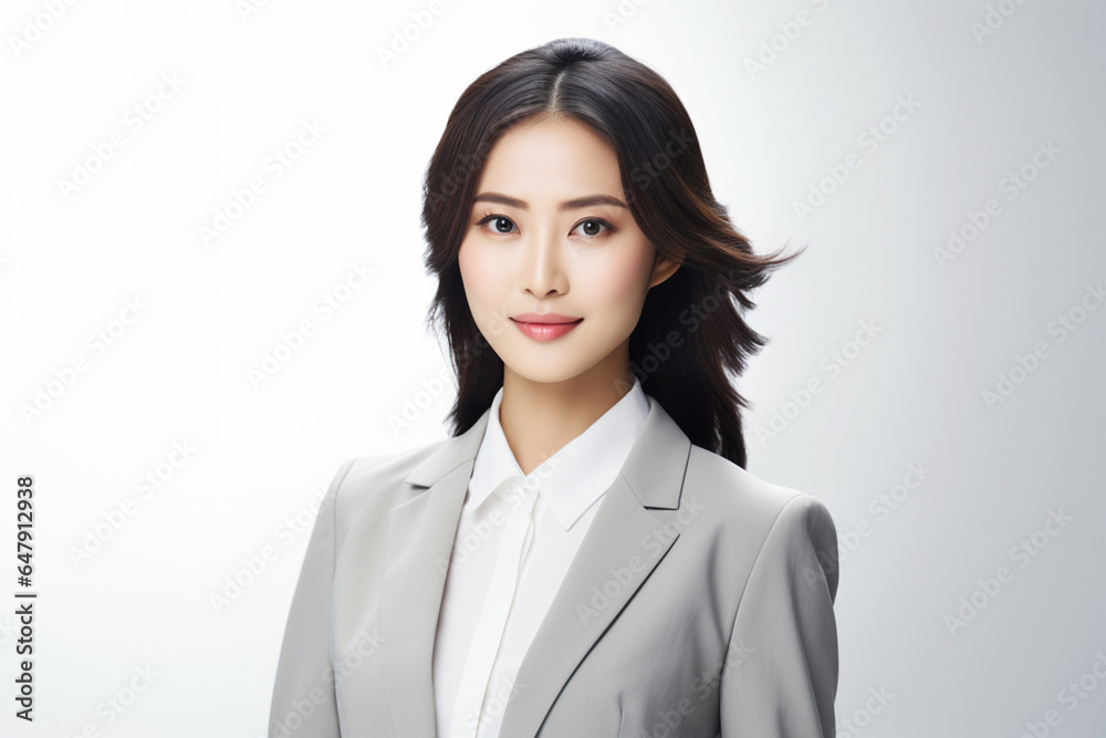 Against a bright white background, a poised and intelligent young Asian woman, elegantly attired in a light gray suit coupled with a pristine white shirt, delivers a presentation. Generative AI. Against a bright white background, a poised and intelligent young Asian woman, elegantly attired in a light gray suit coupled with a pristine white shirt, delivers a presentation. Generative AI.