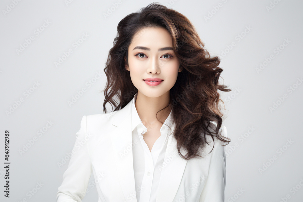 Against a bright white background, a poised and intelligent young Asian woman, elegantly attired in a light gray suit coupled with a pristine white shirt, delivers a presentation. Generative AI. Against a bright white background, a poised and intelligent young Asian woman, elegantly attired in a light gray suit coupled with a pristine white shirt, delivers a presentation. Generative AI.