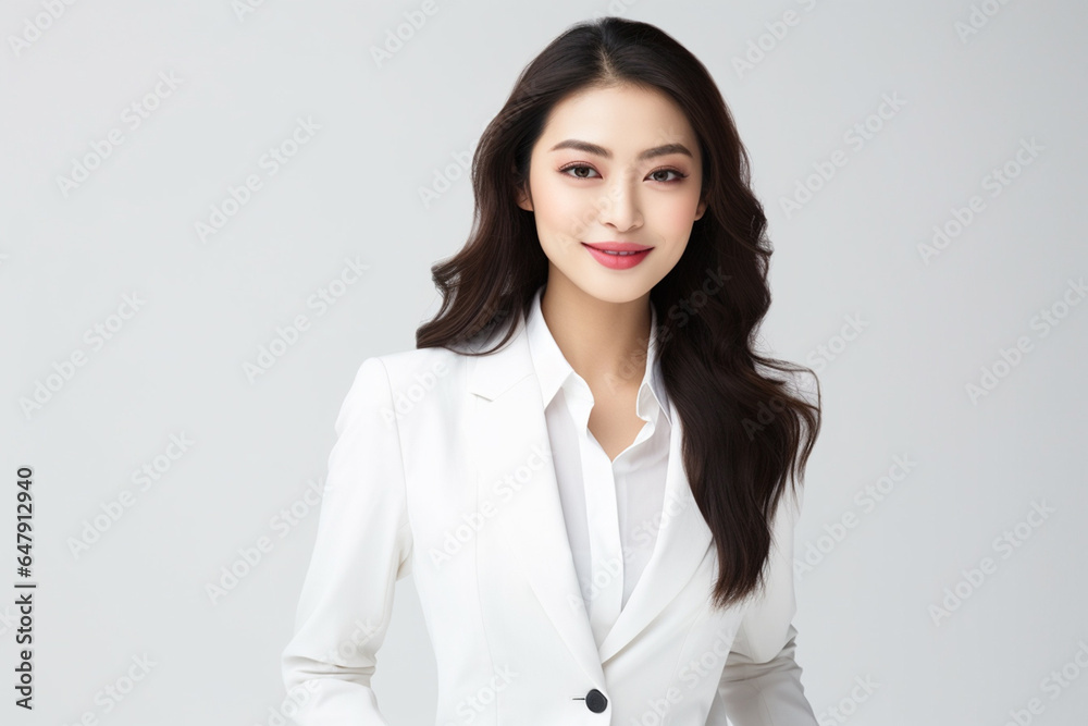 Against a bright white background, a poised and intelligent young Asian woman, elegantly attired in a light gray suit coupled with a pristine white shirt, delivers a presentation. Generative AI. Against a bright white background, a poised and intelligent young Asian woman, elegantly attired in a light gray suit coupled with a pristine white shirt, delivers a presentation. Generative AI.