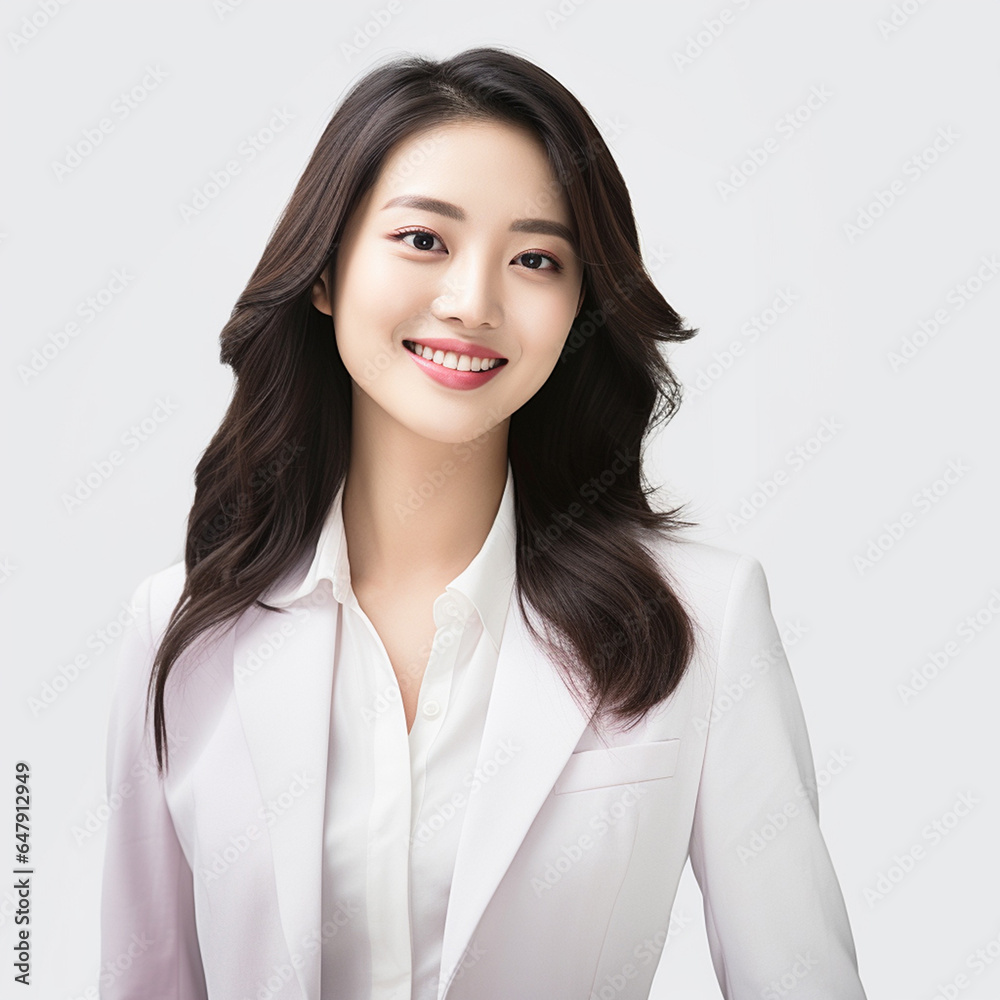 Against a bright white background, a poised and intelligent young Asian woman, elegantly attired in a light gray suit coupled with a pristine white shirt, delivers a presentation. Generative AI. Against a bright white background, a poised and intelligent young Asian woman, elegantly attired in a light gray suit coupled with a pristine white shirt, delivers a presentation. Generative AI.