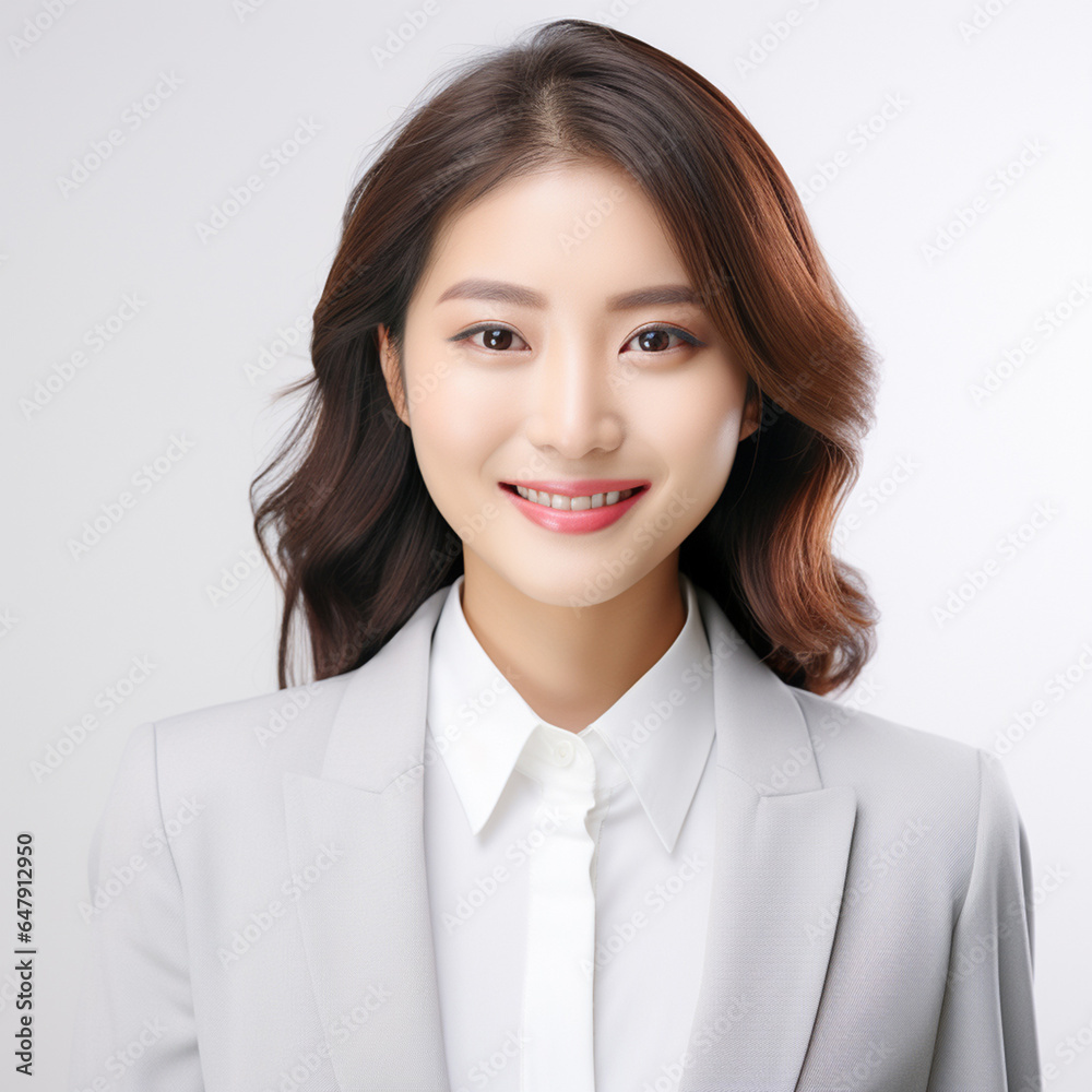 Against a bright white background, a poised and intelligent young Asian woman, elegantly attired in a light gray suit coupled with a pristine white shirt, delivers a presentation. Generative AI. Against a bright white background, a poised and intelligent young Asian woman, elegantly attired in a light gray suit coupled with a pristine white shirt, delivers a presentation. Generative AI.