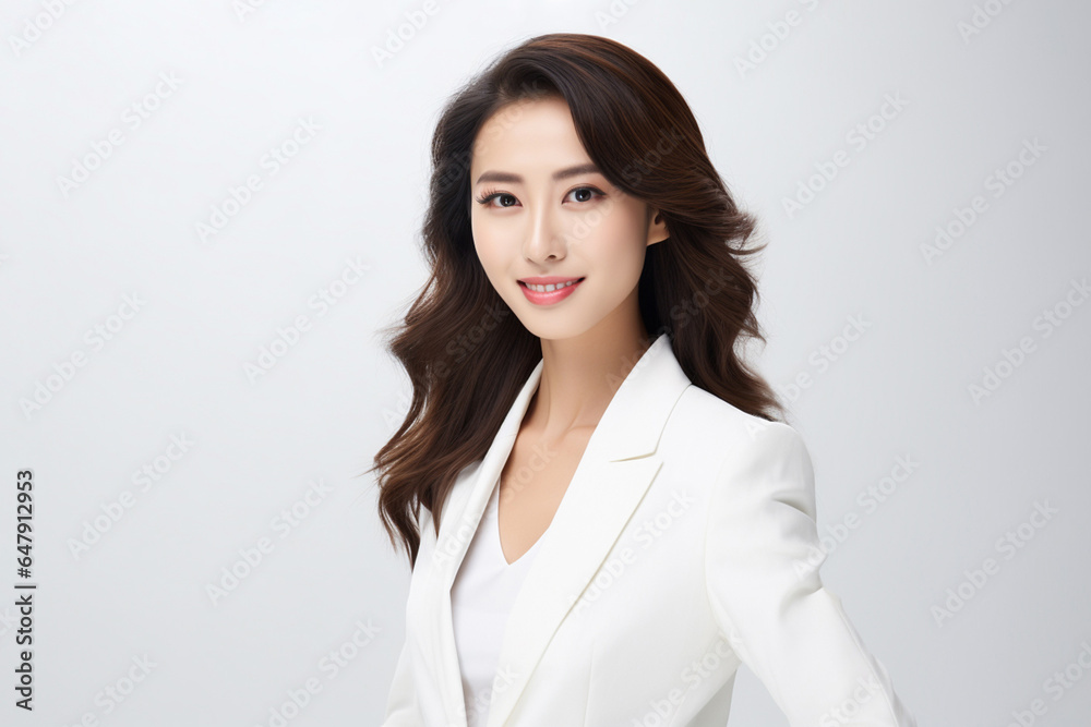 Against a bright white background, a poised and intelligent young Asian woman, elegantly attired in a light gray suit coupled with a pristine white shirt, delivers a presentation. Generative AI. Against a bright white background, a poised and intelligent young Asian woman, elegantly attired in a light gray suit coupled with a pristine white shirt, delivers a presentation. Generative AI.