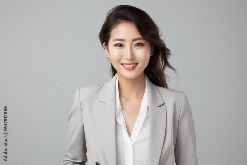Against a bright white background, a poised and intelligent young Asian woman, elegantly attired in a light gray suit coupled with a pristine white shirt, delivers a presentation. Generative AI. Against a bright white background, a poised and intelligent young Asian woman, elegantly attired in a light gray suit coupled with a pristine white shirt, delivers a presentation. Generative AI.
