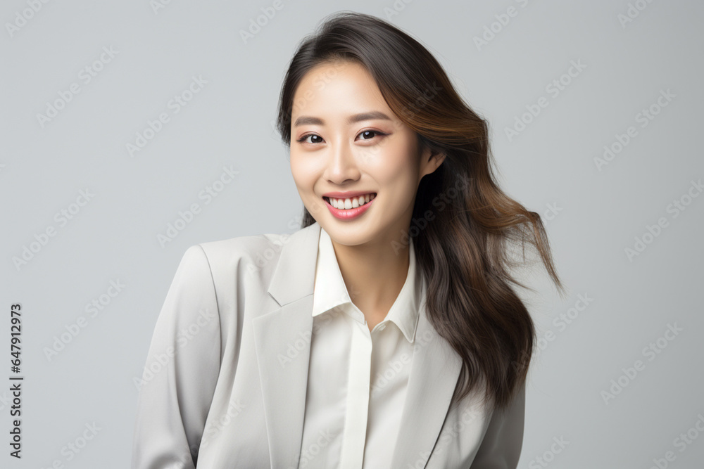 Against a bright white background, a poised and intelligent young Asian woman, elegantly attired in a light gray suit coupled with a pristine white shirt, delivers a presentation. Generative AI. Against a bright white background, a poised and intelligent young Asian woman, elegantly attired in a light gray suit coupled with a pristine white shirt, delivers a presentation. Generative AI.