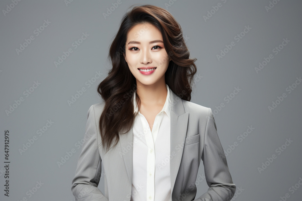 Against a bright white background, a poised and intelligent young Asian woman, elegantly attired in a light gray suit coupled with a pristine white shirt, delivers a presentation. Generative AI. Against a bright white background, a poised and intelligent young Asian woman, elegantly attired in a light gray suit coupled with a pristine white shirt, delivers a presentation. Generative AI.